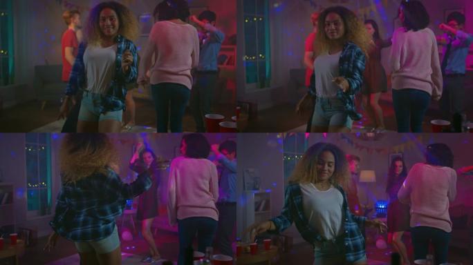 在野房派对上: 美丽的黑人女孩在霓虹灯中诱人地跳舞。在后台，其他人玩得开心，泡吧。