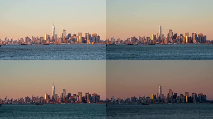 WS Time lapse日落在世界贸易中心一号大楼，自由塔和美国纽约市的城市天际线上