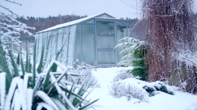 带温室的冬季花园温室的冬季花园下雪