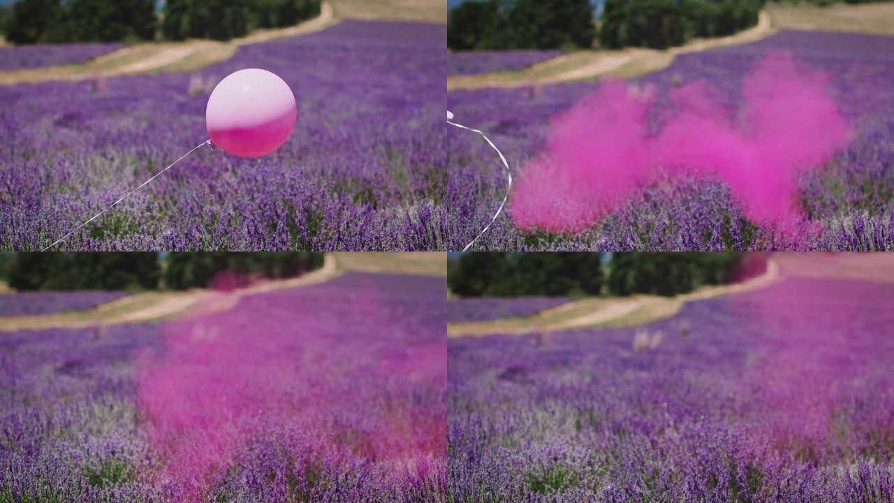 在野外从氦气球爆炸的粉红色粉末