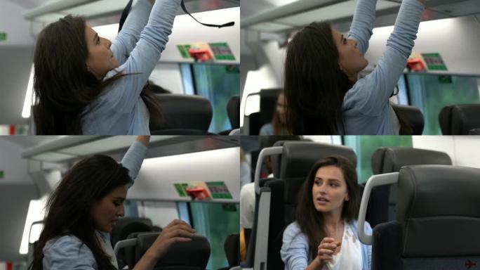 火车上通勤的美女把背包放在上层