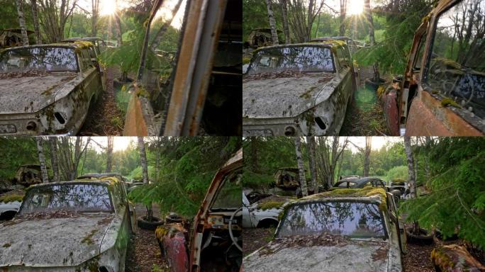 夕阳的光束照亮了汽车垃圾场。旧的废弃汽车上布满了污秽，铁锈和绿色的苔藓。Steadicam镜头，4K