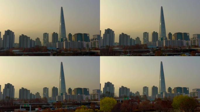 韩国首尔鸟瞰图，乐天世界塔建筑和蚕室站桥