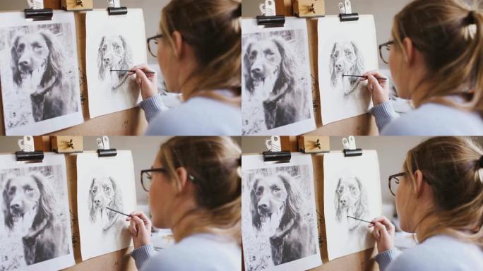 女少年艺术家坐在画架上，用木炭拍摄的狗的照片