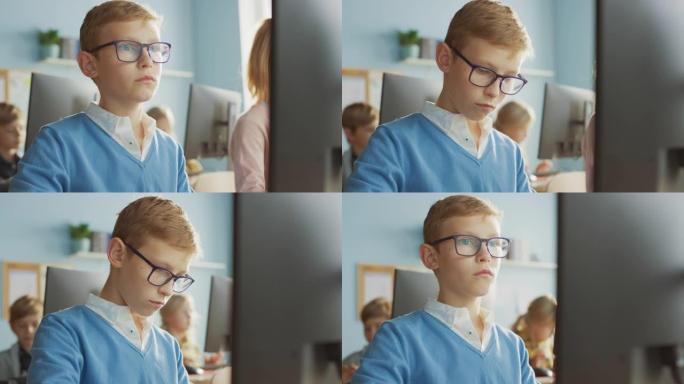 小学计算机科学教室: 使用个人计算机的聪明男孩的肖像，学习信息学，互联网安全，用于软件编码的编程语言
