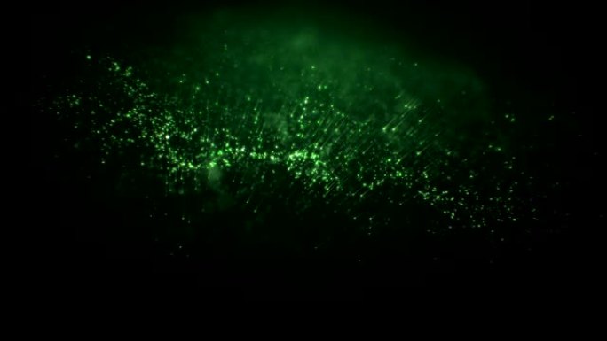 抽象绿色粒子生成变形形状无缝。黑色背景上移动灰尘发光的循环3d动画，散景模糊。
