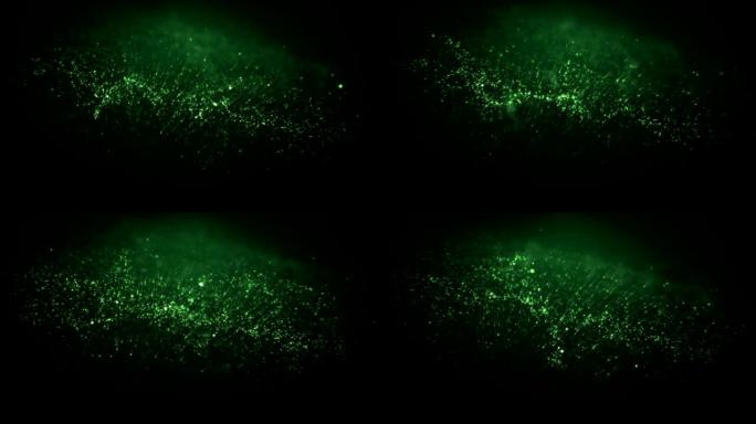 抽象绿色粒子生成变形形状无缝。黑色背景上移动灰尘发光的循环3d动画，散景模糊。