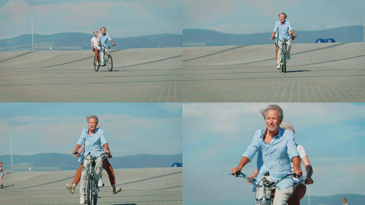老年夫妇双腿分开骑双人自行车