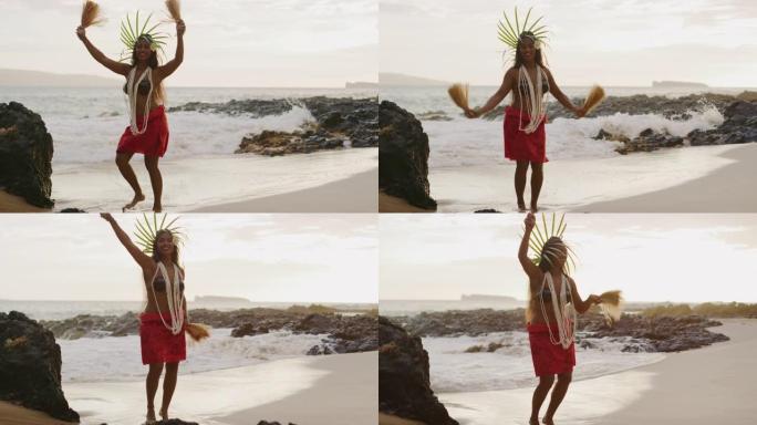 女子在沙滩上表演大溪地草裙舞