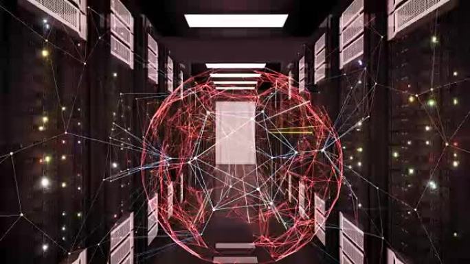 摘要全球网络连接领域在未来派数据中心机房服务器机架中的链路之间流动。可循环的3d动画。全球数字技术和