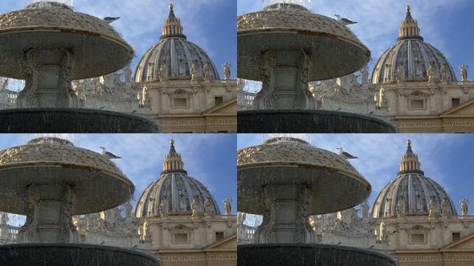 梵蒂冈城圣彼得大教堂的喷泉上落下的水。慢动作镜头