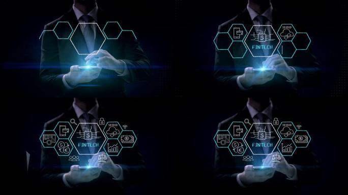商人触摸智能手机，Fin-tech图标和各种图形。未来的金融技术。4k电影。