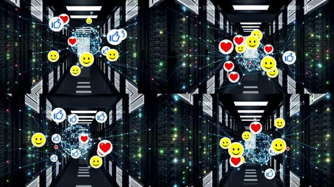 社交媒体图标在服务器机房与网络网格无缝移动。数据中心中的微笑，竖起大拇指和心形符号循环3d动画。