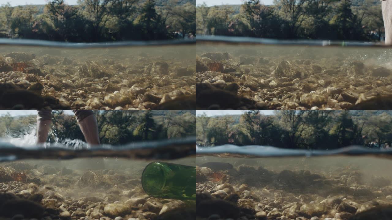 绿色瓶子污染人类的河流