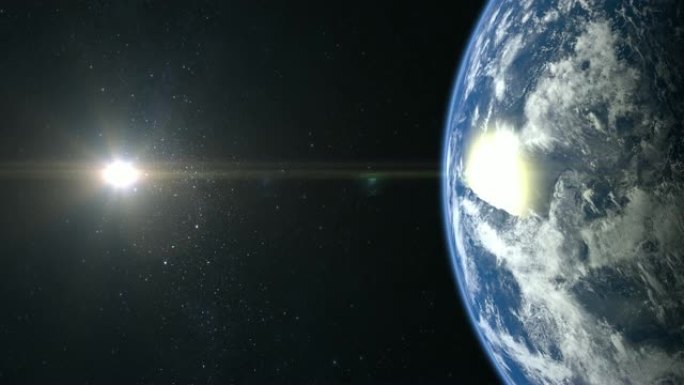来自太空的地球。星星闪烁。4K.日出。地球缓慢旋转。现实的氛围。3D体积云。地球就在屏幕上。太阳在框