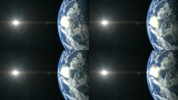 来自太空的地球。星星闪烁。4K.日出。地球缓慢旋转。现实的氛围。3D体积云。地球就在屏幕上。太阳在框