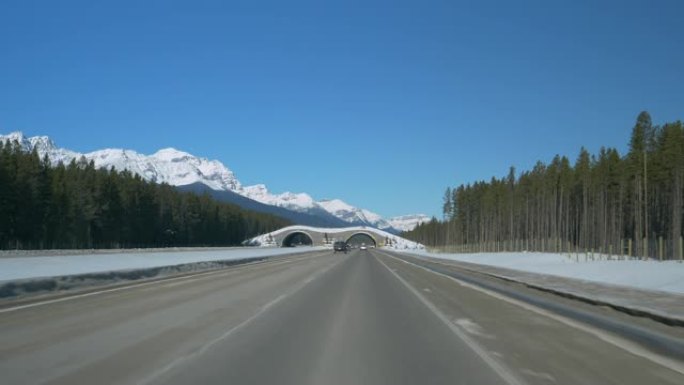 POV: 在风景如画的加拿大横贯公路上驶向一条短隧道。