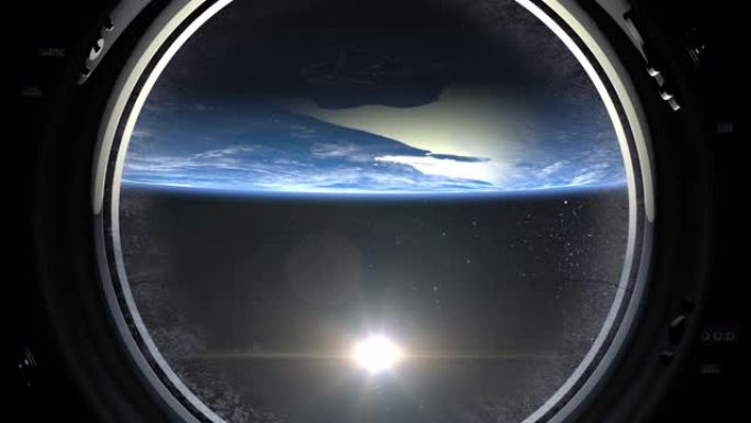 从国际空间站的大窗口看到的地球。空间站的飞行。地球向后旋转。现实的氛围。体积云。从太空看。星空。4K