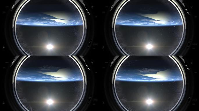 从国际空间站的大窗口看到的地球。空间站的飞行。地球向后旋转。现实的氛围。体积云。从太空看。星空。4K