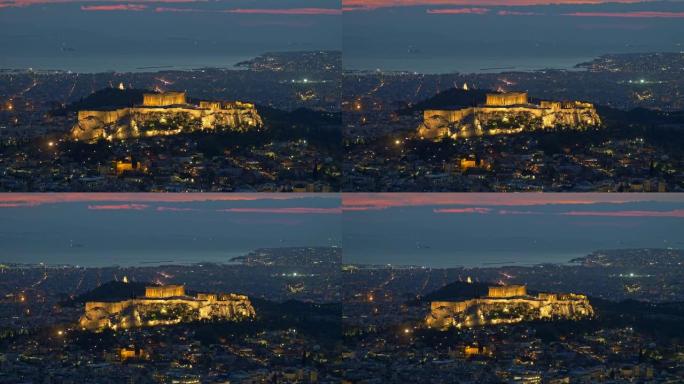 希腊黄昏时间的雅典帕台农神庙。缩小镜头