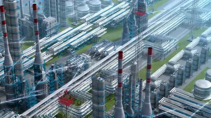 石油和天然气精炼厂工厂的化学配方设计，等距视图，工业石油区，钢管和储油罐。空中无人机飞行植物拍摄。3