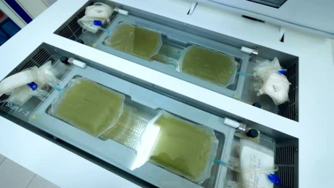 实验室机器，输血中心的血浆塑料袋。