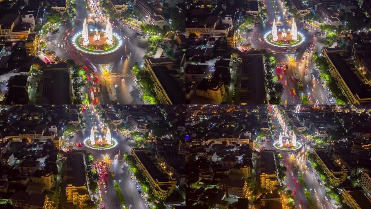 鸟瞰图超然/无人驾驶-民主纪念碑在泰国首都曼谷市中心的一个公共纪念碑。它在东西向宽阔的Ratchad