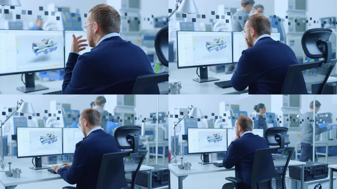 工业工程师解决问题，在个人计算机上工作，两个监视器屏幕显示cad软件，其中包含正在测试的混合动力发动