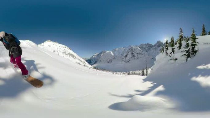 自拍照: 在阳光明媚的日子里，极端的滑雪者在未触及的山上雕刻。