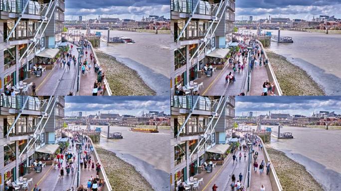 伦敦河边的人流时光倒流。河上的渡轮。游客。旅游目的地。购物中心。
