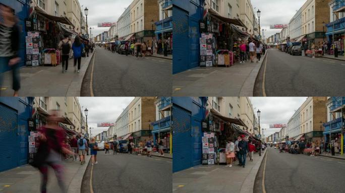 延时: 英国伦敦西部诺丁山跳蚤市场的行人人群