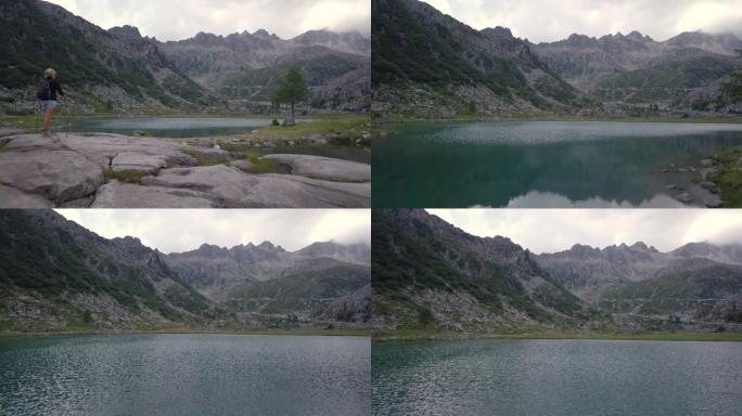 在一个神奇，放松和绿色的地方，被大自然包围的山湖的空中拍摄