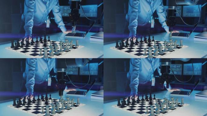 在与人类的国际象棋比赛中，人工智能操作未来派机械臂的特写镜头。机器人移动骑士。他们在一个高科技的现代