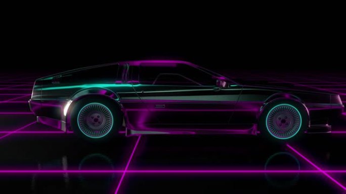 复古未来80年代风格的科幻汽车背景。无缝循环3D视频动画