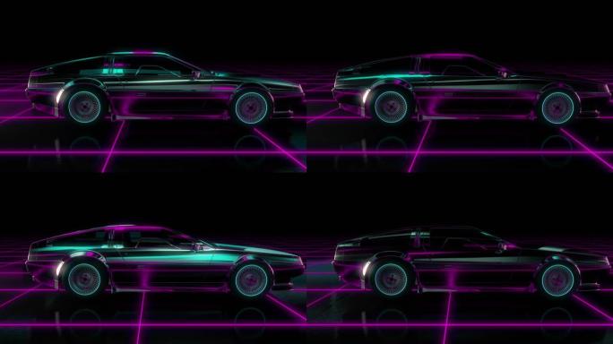 复古未来80年代风格的科幻汽车背景。无缝循环3D视频动画