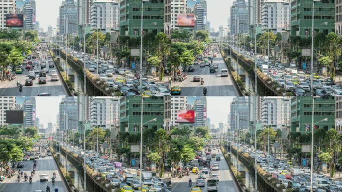 曼谷高峰时段交通拥堵的道路两侧的4k时间流逝，具有城市景观概念的交通