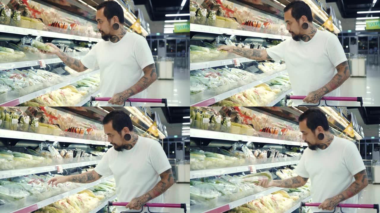 时髦男子在超市购物