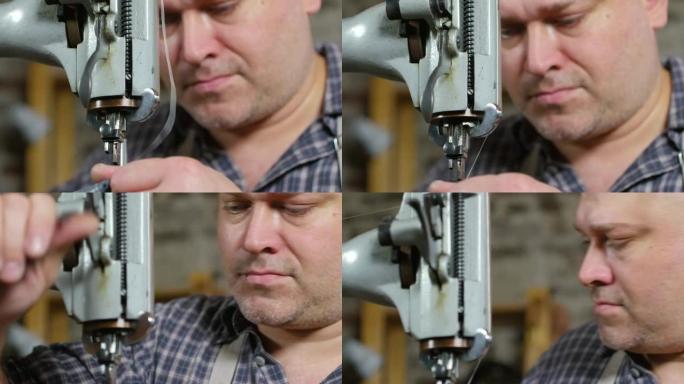 专业皮革工匠使用缝纫机