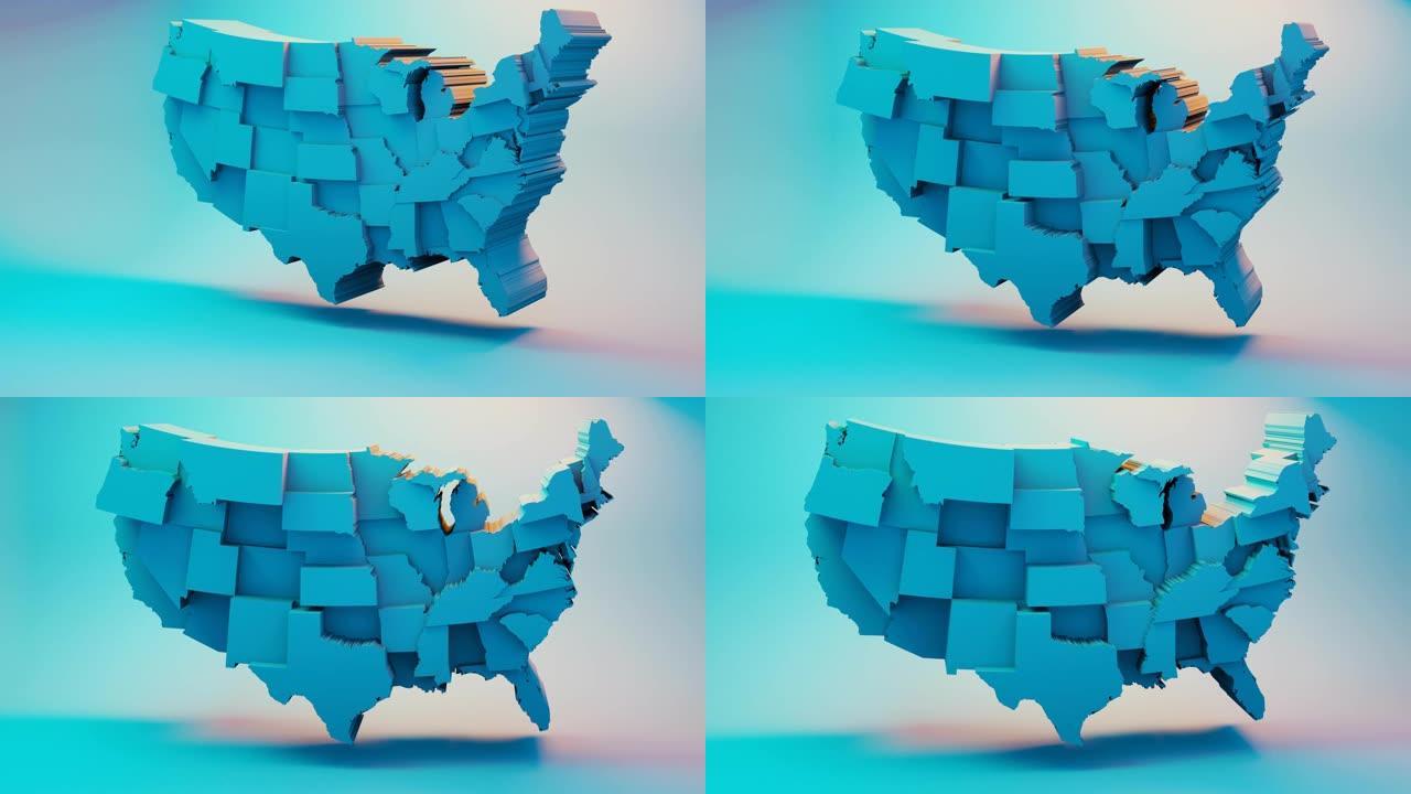 美国地图，3D生成，干净渲染