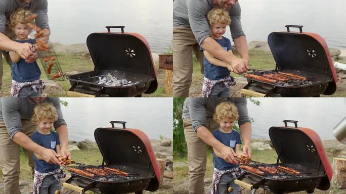 可爱的男孩学习烤肉
