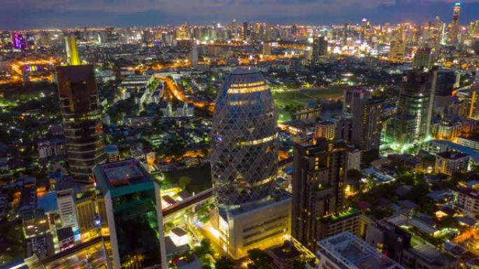 空中拍摄/超拍摄/延时拍摄/无人机拍摄曼谷市，阿里与珍珠曼谷大楼在夜间拍摄
