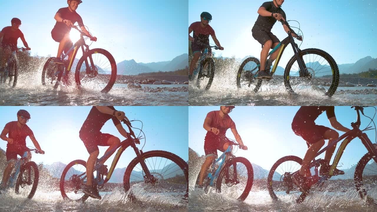 低角度: 水滴绕着两个沿河骑电动自行车的家伙飞。