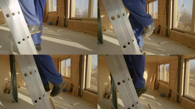 特写: 工人爬上铝制梯子时的腿特写镜头。