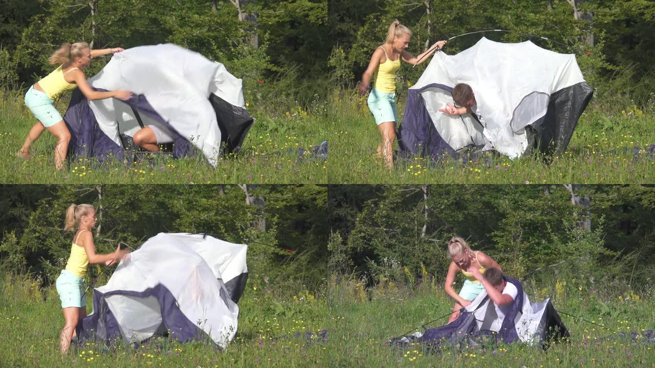 延时: 男人和女人在准备露营地和搭建帐篷时争吵。