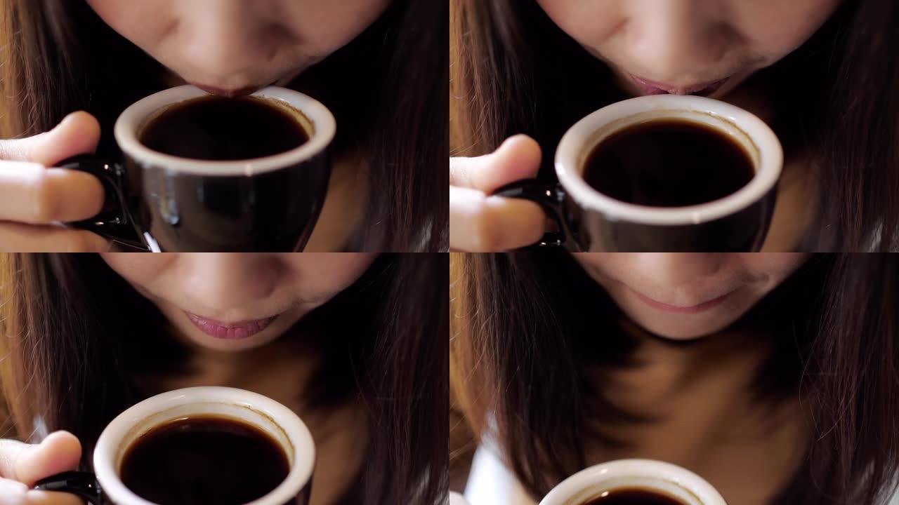 女人的特写脸在咖啡馆喝咖啡