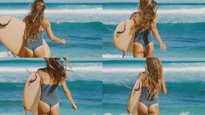 迷人的女人去冲浪外国女生背影实拍视频