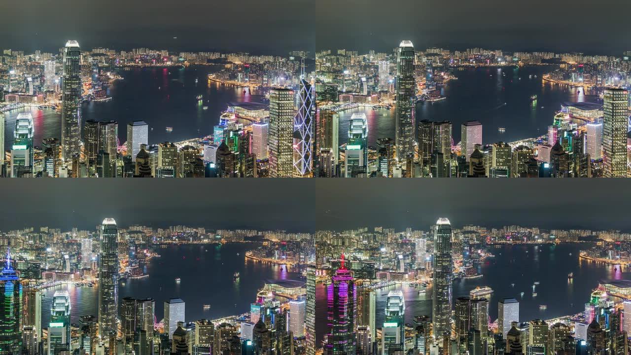 T/L WS HA PAN夜间香港市区和维多利亚港的鸟瞰图