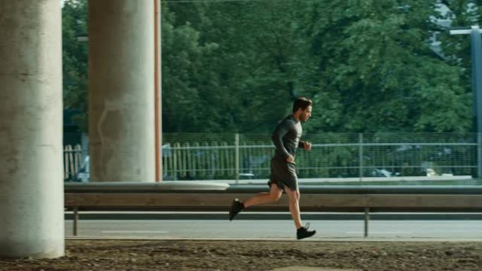 穿着运动服的运动青年正在街上慢跑。他在城市环境中奔跑，背景是汽车。