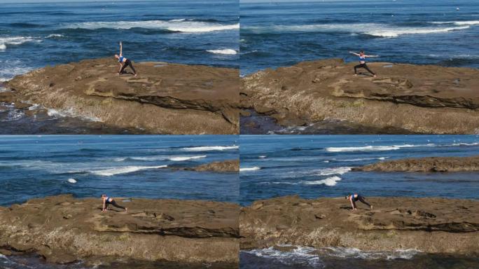 阳光明媚的早晨，女人在外面的海滩上做瑜伽姿势的空中镜头