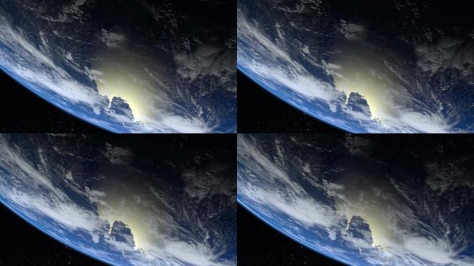 地球。从太空看。星星闪烁。屏幕上的星球在顶部。地平线向左转。4K。地球缓慢旋转。现实的氛围。3D体积